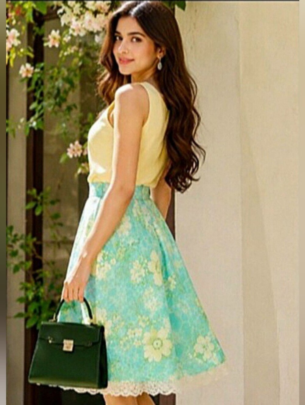 VAMP🐞Boho Blue Floral Print A-Line Flared Midi Skirt with Crochet Lace Sz: L